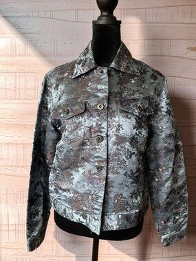 Silk Box Womens Floral Jacquard Denim Jacket - Steel Blue BT3